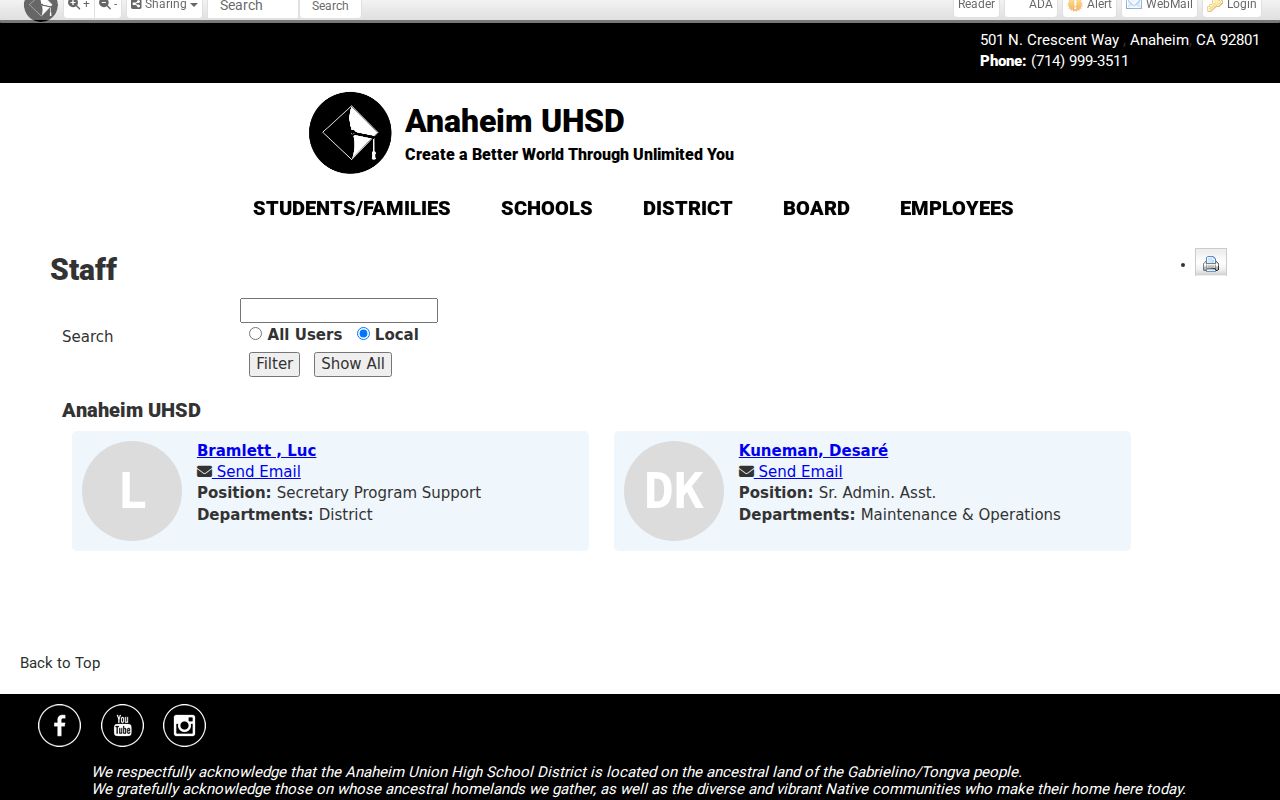 Stanton people directories on the Anaheim Union High School District staff page