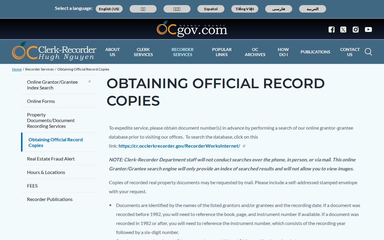 Stanton public records copy instructions from Orange County Clerk-Recorder
