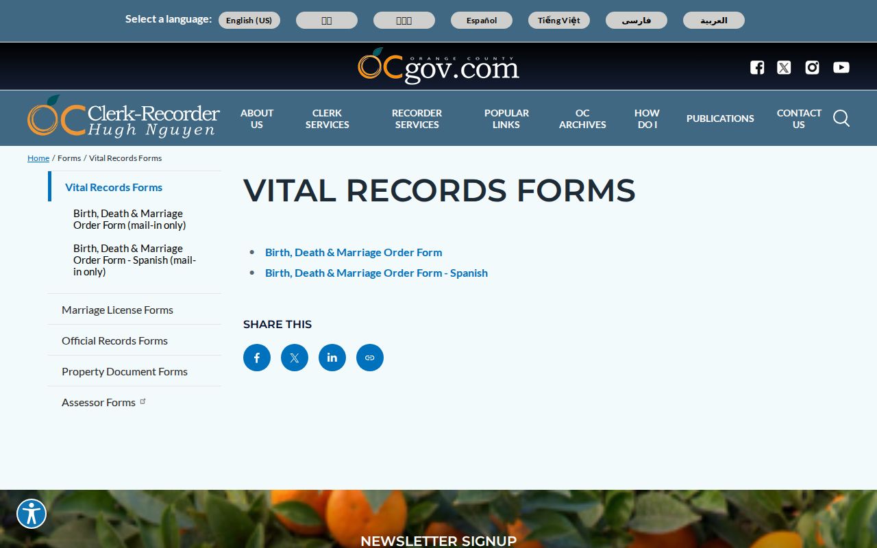 Stanton public records forms for Orange County vital certificates