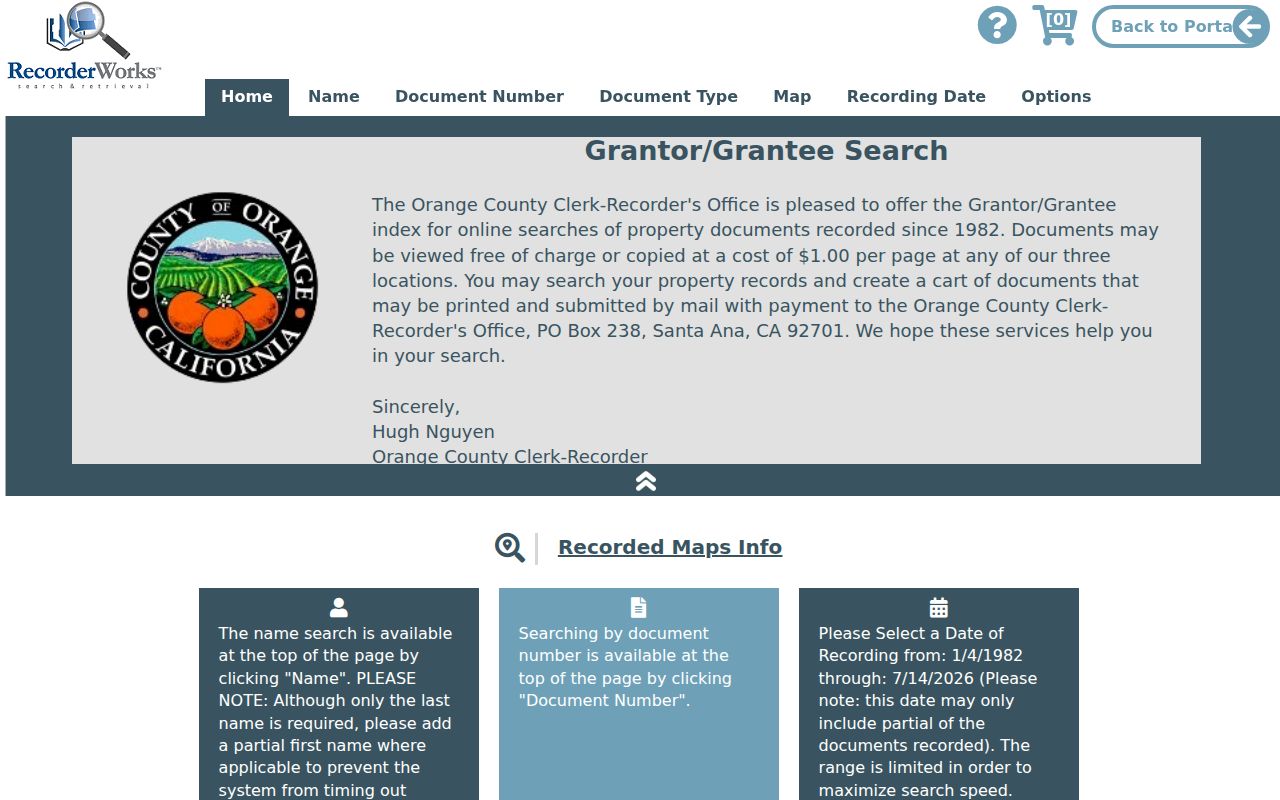 Stanton public records search fields in Orange County RecorderWorks